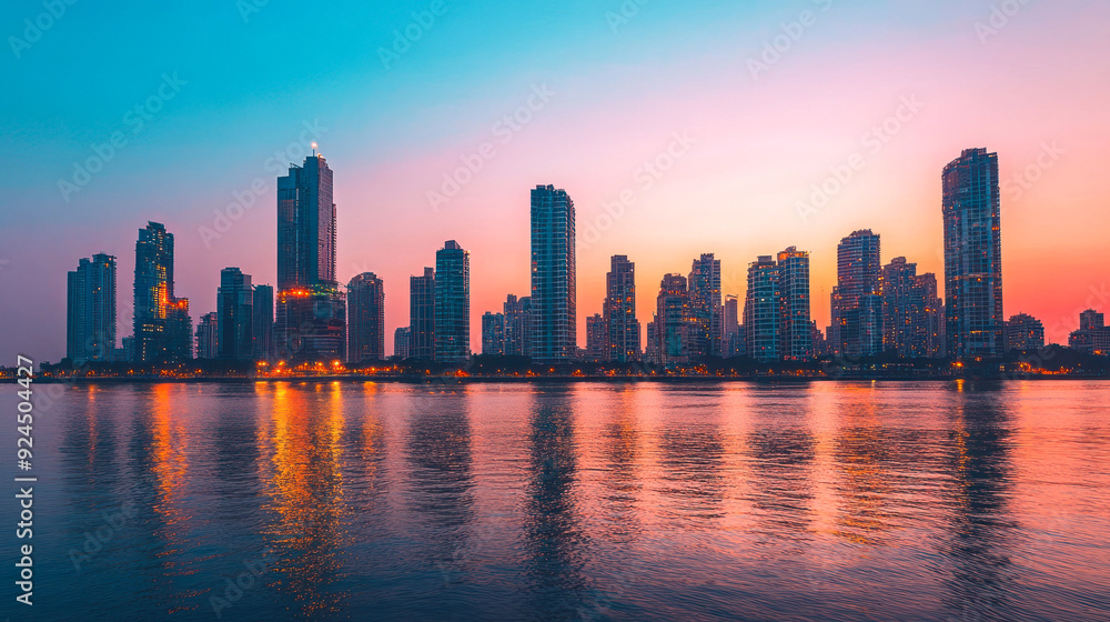 Vibrant dusk over skyscrapers reflecting on calm waters. Vibrant dusk over skyscrapers reflecting on calm waters.