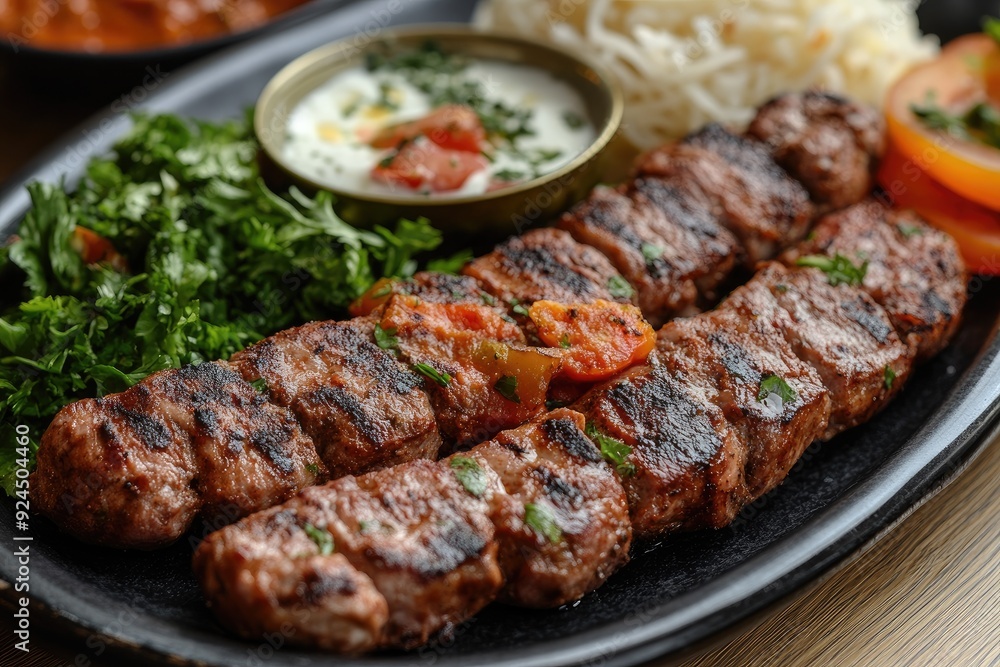 Grilled shish kebabs with herbs and tomato sauce served with fresh vegetables Grilled shish kebabs with herbs and tomato sauce served with fresh vegetables