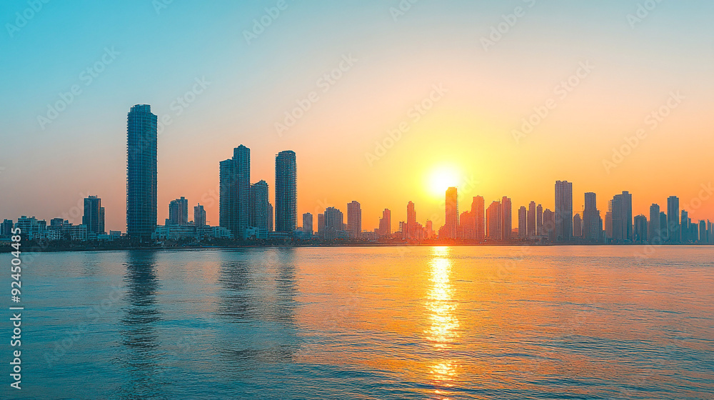 Golden hour city skyline with sun setting over water Golden hour city skyline with sun setting over water