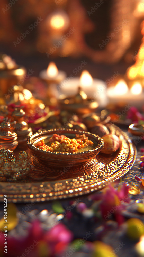 Close-up of Navratri thali decorative set in cultural and spiritual Close-up of Navratri thali decorative set in cultural and spiritual