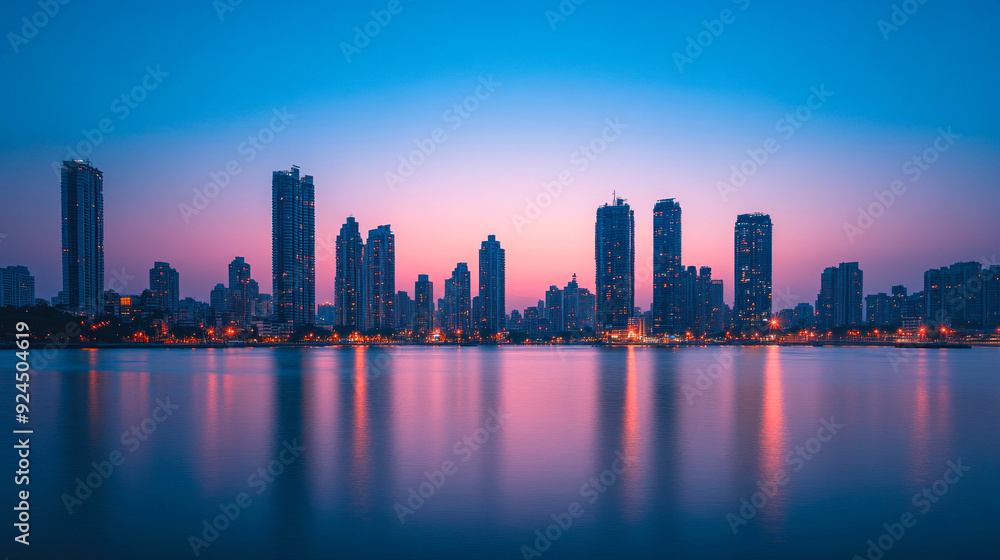 Twilight urban skyline reflecting on calm water Twilight urban skyline reflecting on calm water