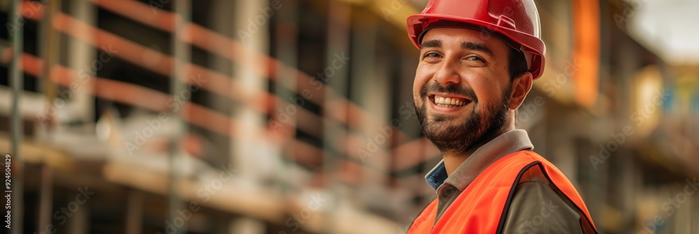 A male worker on a construction site wears a red safety helmet and orange vest, radiating a positive attitude and commitment to safety. A male worker on a construction site wears a red safety helmet and orange vest, radiating a positive attitude and commitment to safety.