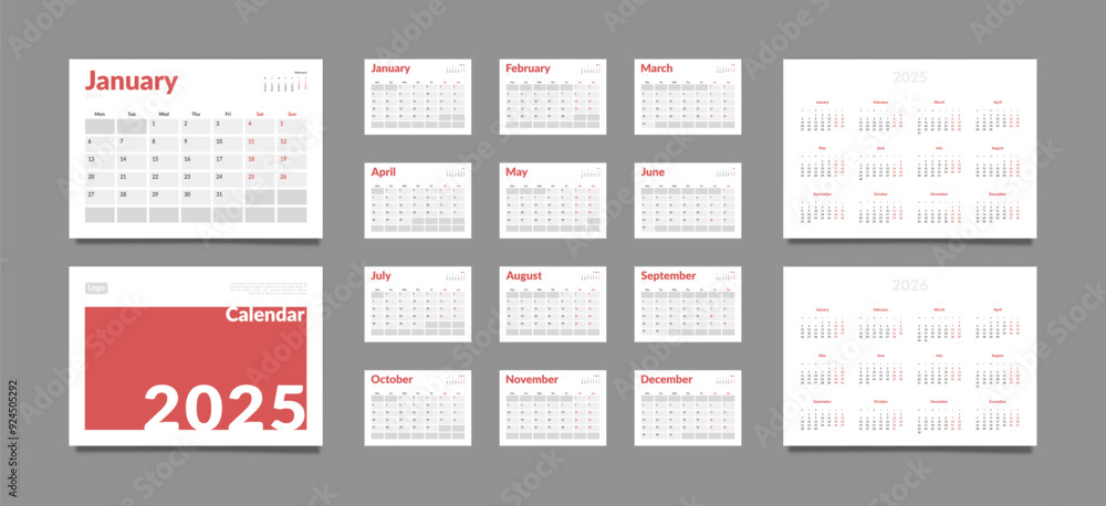 Set of 2025 Pages Monthly Calendar Planner Templates, Cover with Place for Photo, Company Logo, Annual. Design of Vector layout Calendar Pages size A4-21x29.7 cm in for print. Week start on Monday Set of 2025 Pages Monthly Calendar Planner Templates, Cover with Place for Photo, Company Logo, Annual. Design of Vector layout Calendar Pages size A4-21x29.7 cm in for print. Week start on Monday