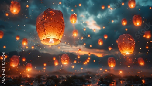 Chinese red lantern in the night of Chinese New Year of happiness with Dragon dance. Generative Ai.