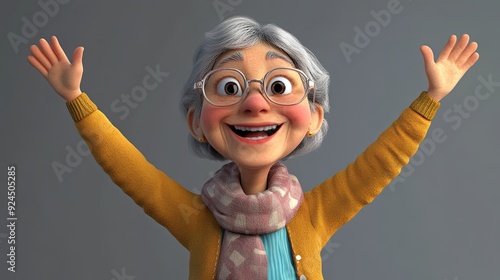 Charming 3D cartoon of a joyful elderly lady with short gray hair posing against a gray backdrop
