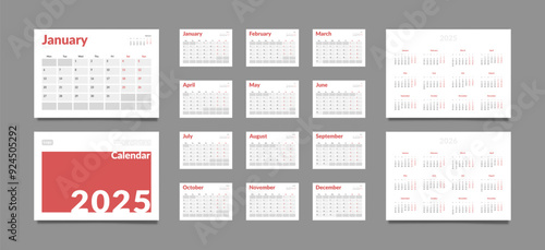 Set of 2025 Pages Monthly Calendar Planner Templates, Cover with Place for Photo, Company Logo, Annual. Design of Vector layout Calendar Pages size A4-21x29.7 cm in for print. Week start on Monday