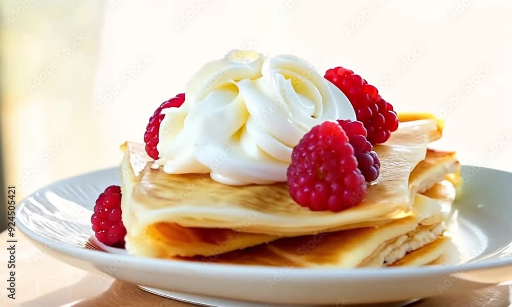 stack of delicious crêpes on a plate with raspberries and whipped cream on top, clear background stack of delicious crêpes on a plate with raspberries and whipped cream on top, clear background
