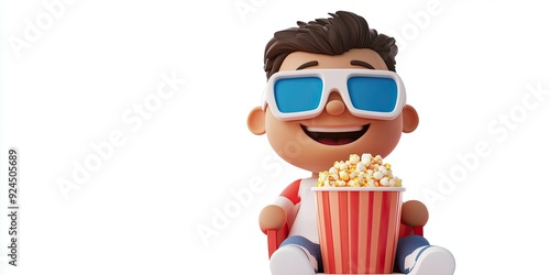 Cartoon character with 3D glasses and popcorn bucket sitting down against a white backdrop photo