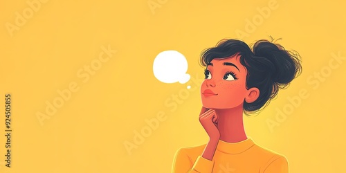 Animated girl with a thought bubble on a bright yellow backdrop