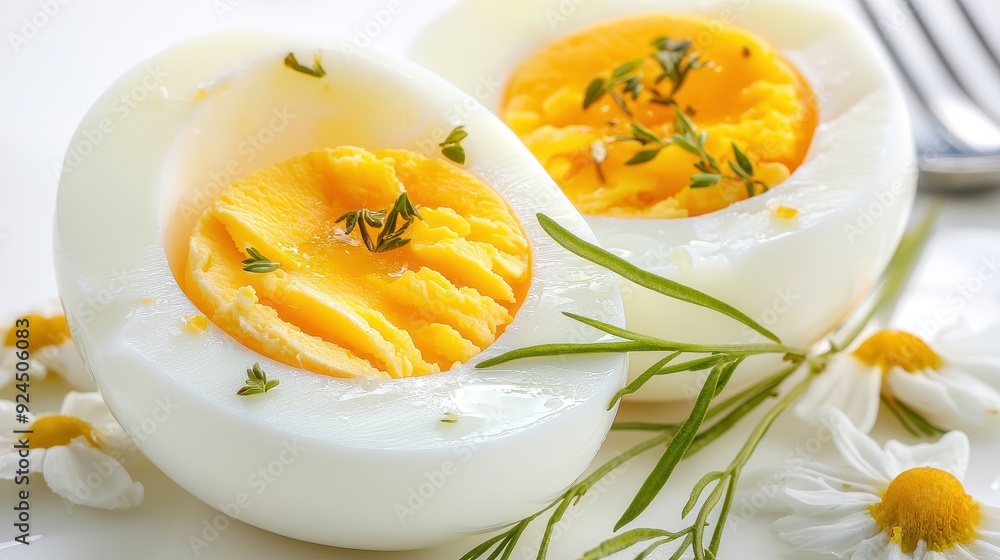 Delicious, perfectly cooked boiled eggs featuring creamy yolks, garnished with fresh herbs and flowers for a delightful presentation. Delicious, perfectly cooked boiled eggs featuring creamy yolks, garnished with fresh herbs and flowers for a delightful presentation.