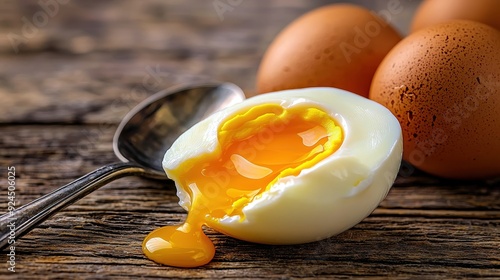 A close-up of a soft-boiled egg with a runny yolk, accompanied by fresh brown eggs on a rustic wooden surface.