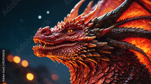 The red dragon's fiery breath ignites the night sky, its heated scales glowing as it unleashes fury