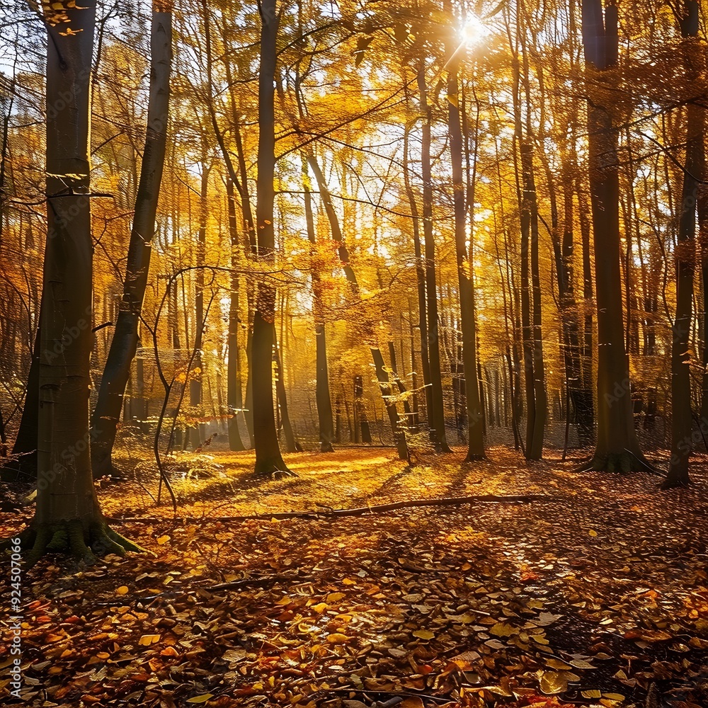 Fototapeta premium A peaceful forest scene in autumn, golden leaves covering the ground, sunlight streaming through the trees