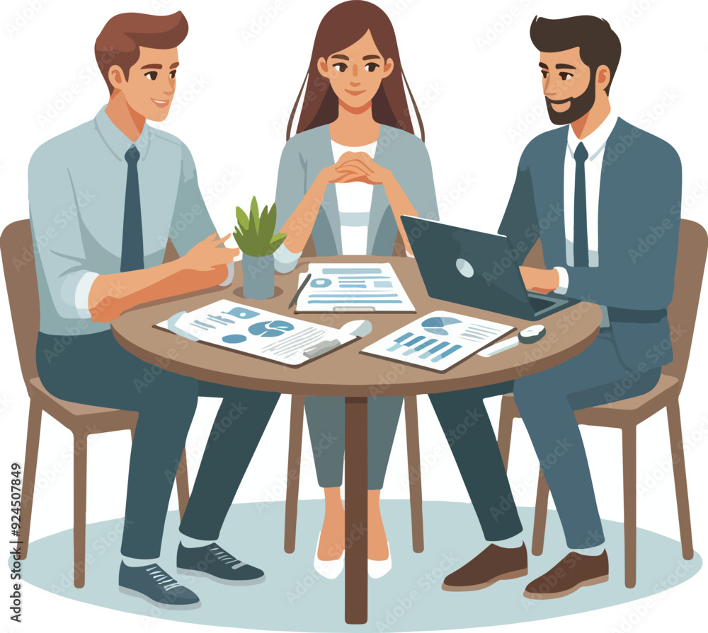 Partners meeting for business discussion with documents and laptop on desk. Couple at round table, speaking, discussing work, partnership. Flat vector illustration isolated on white background Partners meeting for business discussion with documents and laptop on desk. Couple at round table, speaking, discussing work, partnership. Flat vector illustration isolated on white background