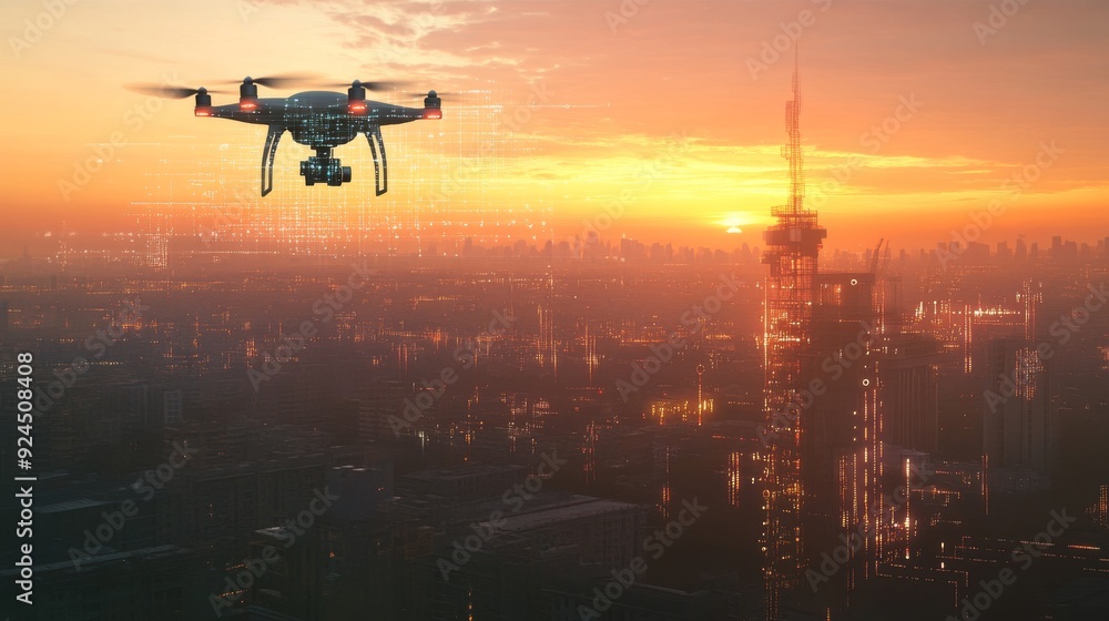 Drone flying near a modern cell tower with digital connections and a city background at sunset, a concept for connection technology. Drone flying near a modern cell tower with digital connections and a city background at sunset, a concept for connection technology.