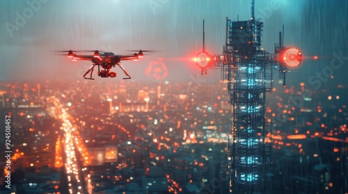 Drone flying near a modern cell tower with digital connections and a city background at sunset, a concept for connection technology.