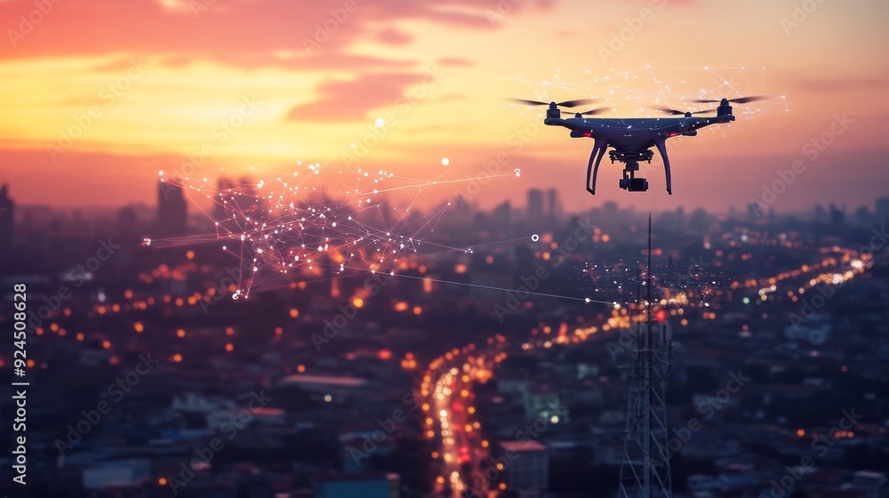 Drone flying near a modern cell tower with digital connections and a city background at sunset, a concept for connection technology. Drone flying near a modern cell tower with digital connections and a city background at sunset, a concept for connection technology.