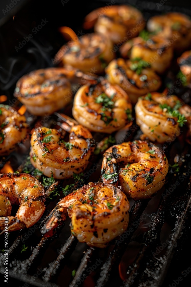 Shrimp being grilled on a hot grill with visible flames underneath, cooking to perfection Shrimp being grilled on a hot grill with visible flames underneath, cooking to perfection