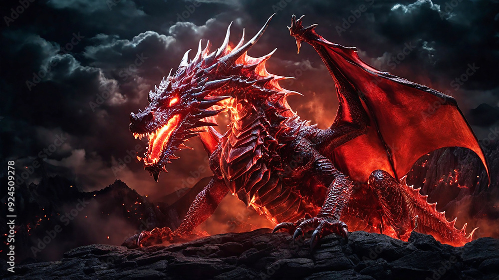 The red dragon's fiery breath ignites the night sky, its heated scales glowing as it unleashes fury The red dragon's fiery breath ignites the night sky, its heated scales glowing as it unleashes fury