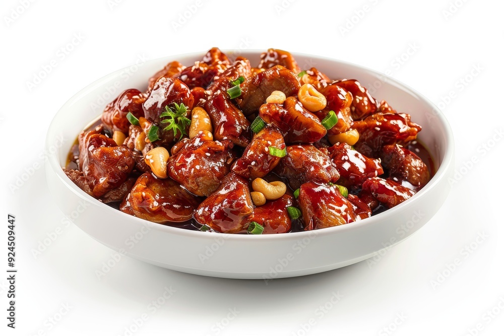 A bowl of glazed chicken with cashews, garnished and ready to serve. A bowl of glazed chicken with cashews, garnished and ready to serve.
