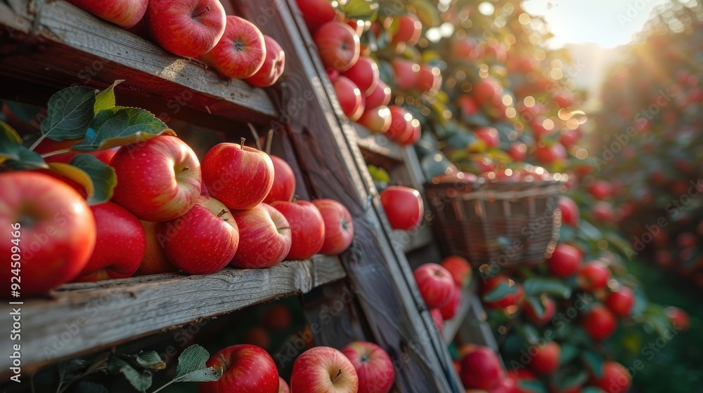 Harvesting vibrant red apples in a sun-kissed orchard during the golden hour of autumn. Generative AI Harvesting vibrant red apples in a sun-kissed orchard during the golden hour of autumn. Generative AI