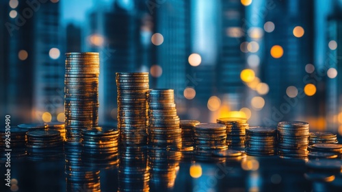 Coins Stacked Like Buildings In Cityscape.