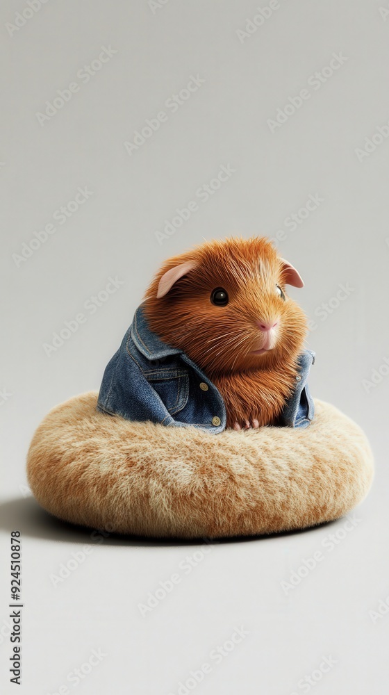 Fototapeta premium A cute guinea pig dressed in a small jacket relaxes on a soft cushion in a serene and simple environment