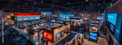 Bustling high-tech convention center with innovative exhibits