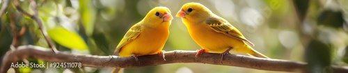 A Pair of Golden Canaries in a Birdhouse: A Warm and Cozy Avian Abode Celebrating the Joy of Pet Companionship. photo