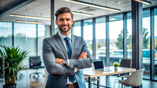 A poised businessman, arms crossed in a modern office setting, exudes confidence and success, reflecting his professional authority and accomplishments.