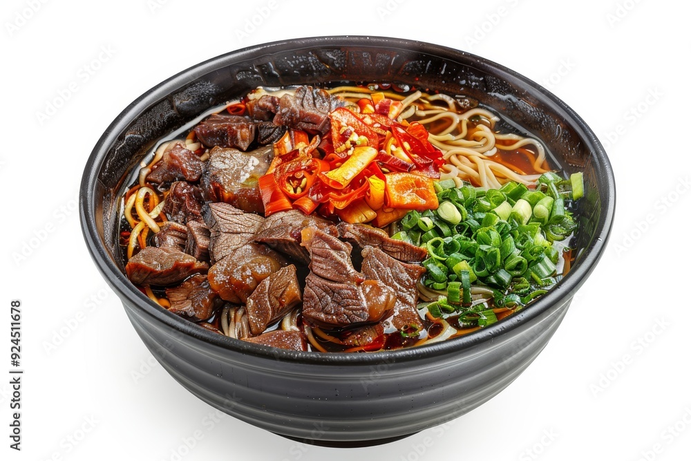A bowl of noodle soup with beef, vegetables, and spices, showcasing a delicious meal. A bowl of noodle soup with beef, vegetables, and spices, showcasing a delicious meal.