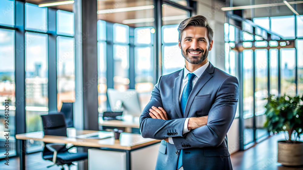 A successful businessman stands confidently inside a modern office, arms crossed, exuding authority and professionalism. His poised demeanor and self-assured posture reflect his achievements. A successful businessman stands confidently inside a modern office, arms crossed, exuding authority and professionalism. His poised demeanor and self-assured posture reflect his achievements.