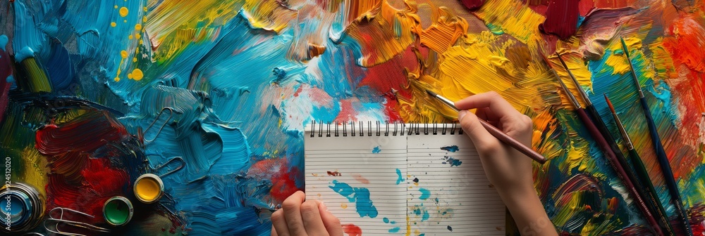 Fototapeta premium An artist's hand painting in a notebook, placed on a table with bright, colorful paint strokes and art supplies in the background.