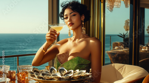 Sophisticated woman savoring oysters by the ocean photo