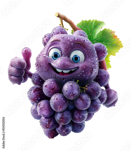 cute 3d cartoon character animation of purple grapes with ok symbol on finger, cot out design with transparent background, generated ai