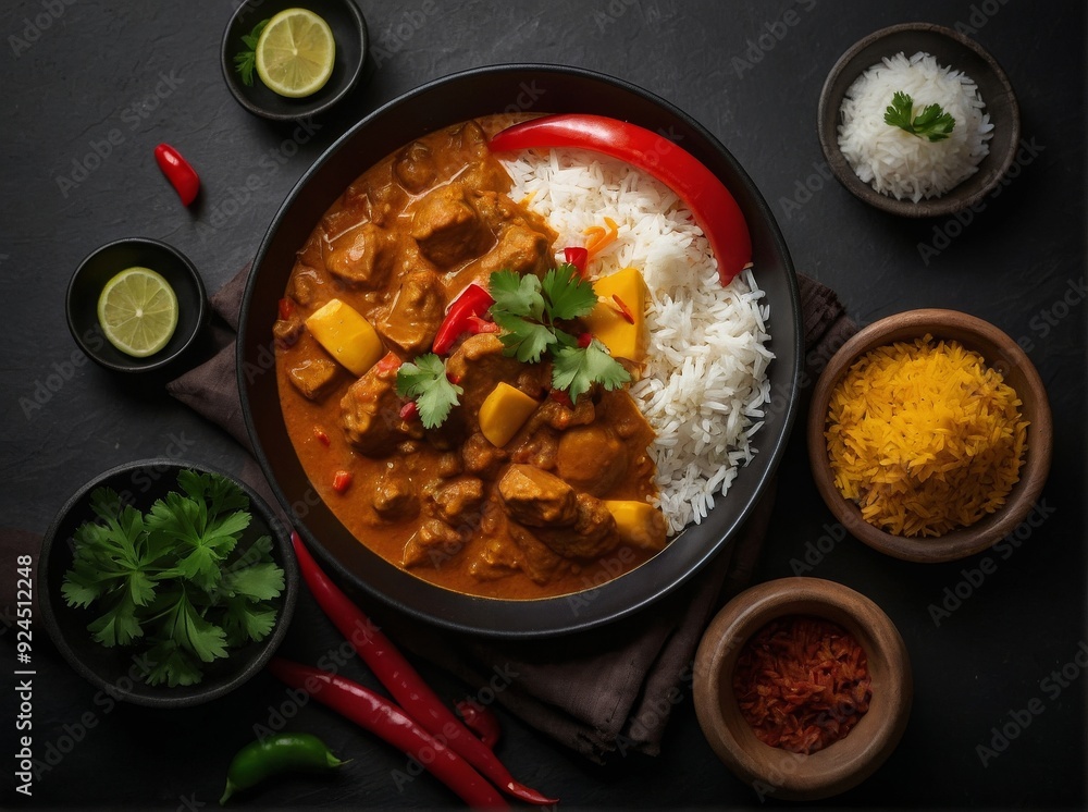 Elegant Curry Meat with Rice and Vegetables on a Dark Background Elegant Curry Meat with Rice and Vegetables on a Dark Background
