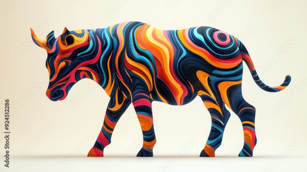 Fototapeta premium Conceptual photography of a colorful, abstract animal figure, intricately designed with bold graphic shapes and patterns. The image blends artistic creativity with a modern aesthetic, emphasizing the
