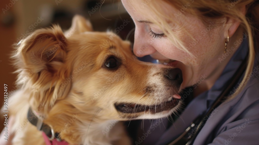 Woman Veterinarian Embracing a Happy Dog in a Close-Up Shot, Showcasing Love and Care for Pets Woman Veterinarian Embracing a Happy Dog in a Close-Up Shot, Showcasing Love and Care for Pets