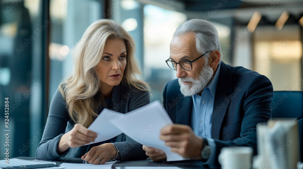 Two professional executives discussing financial accounting papers working together in office
Two professional executives discussing financial accounting papers working together in office
