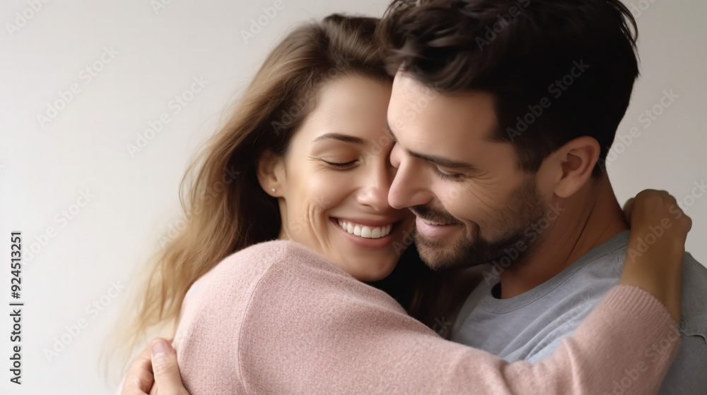 Happy woman hugging her husband, smiling at home. Man and wife enjoying a loving embrace. Happy woman hugging her husband, smiling at home. Man and wife enjoying a loving embrace.