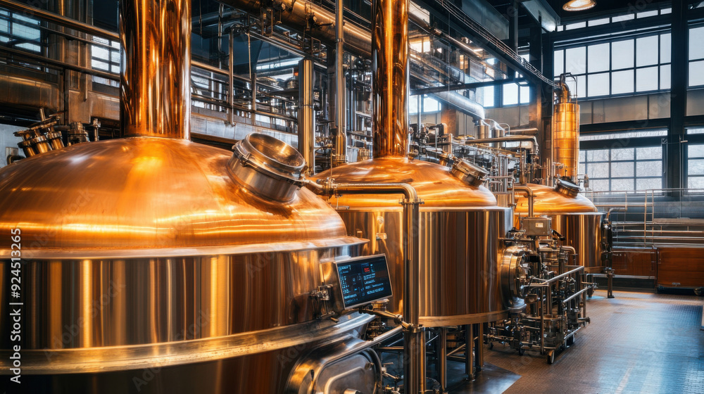 Copper brewing vats in an industrial brewery, surrounded by automated machinery Copper brewing vats in an industrial brewery, surrounded by automated machinery
