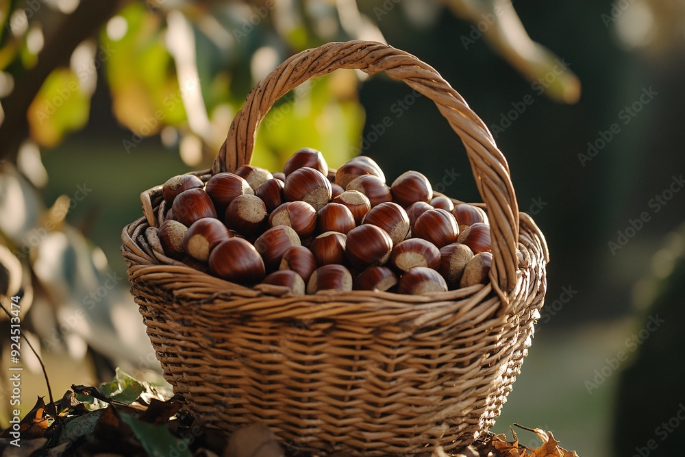 Freshly harvested chestnuts are displayed in a woven basket, illuminated by natural light Freshly harvested chestnuts are displayed in a woven basket, illuminated by natural light