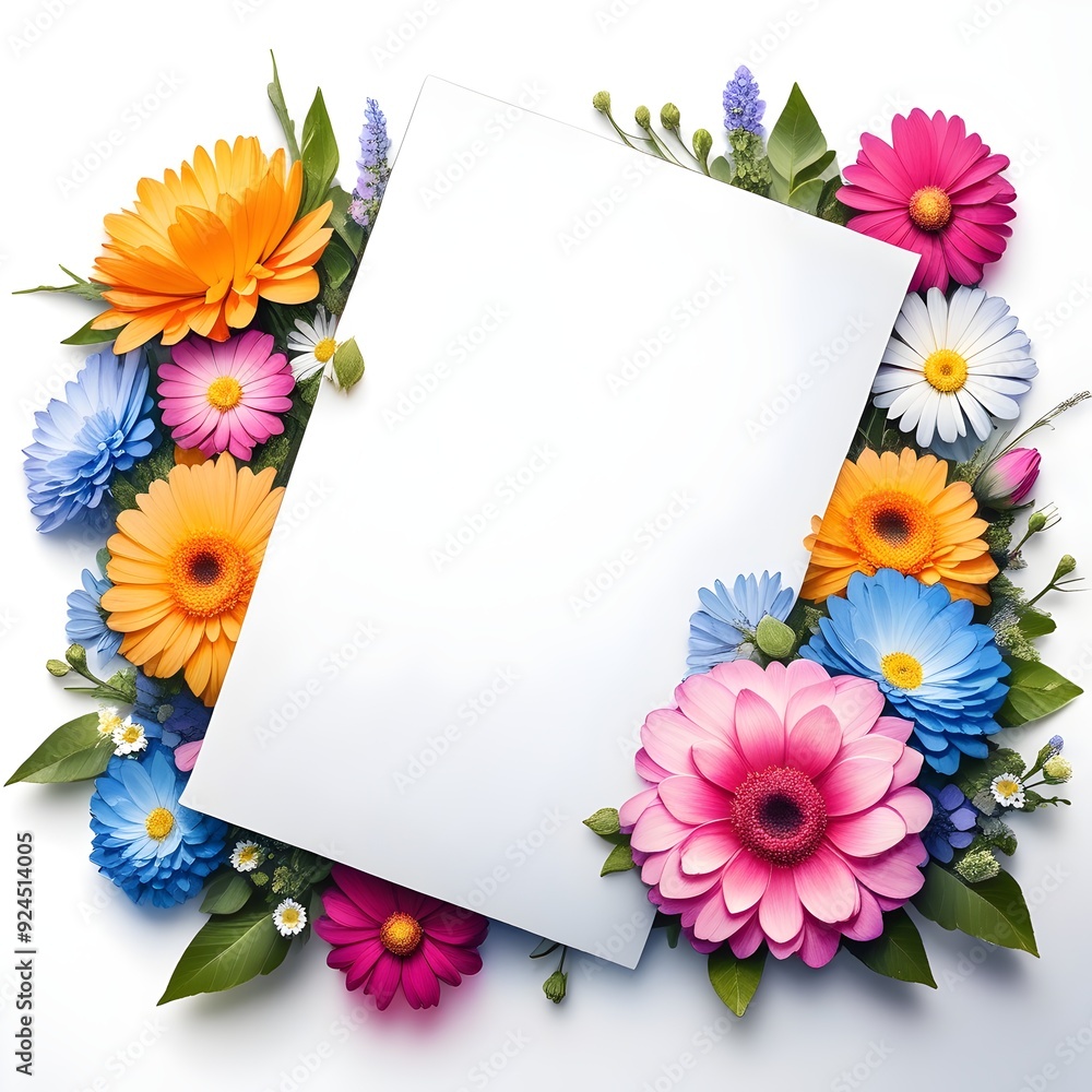 Fototapeta premium Floral Frame with Colorful Gerbera Flowers and Blank White Card, 3D Render