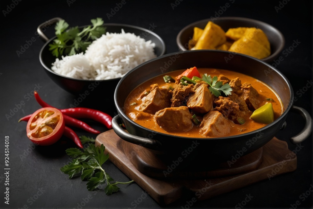 Elegant Curry Meat with Rice and Vegetables on a Dark Background Elegant Curry Meat with Rice and Vegetables on a Dark Background