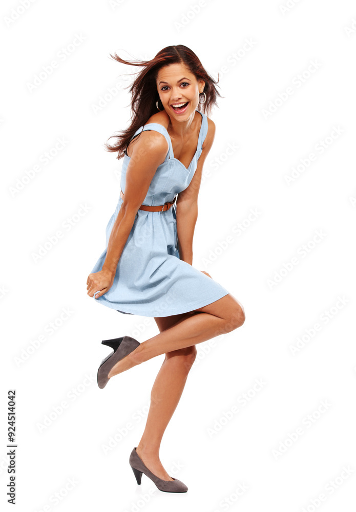 Woman, dress and wind studio portrait with laugh, happy and trendy style with shoes by white background. Person, model and smile with blue clothes, excited and stiletto heels for fashion in Spain Woman, dress and wind studio portrait with laugh, happy and trendy style with shoes by white background. Person, model and smile with blue clothes, excited and stiletto heels for fashion in Spain