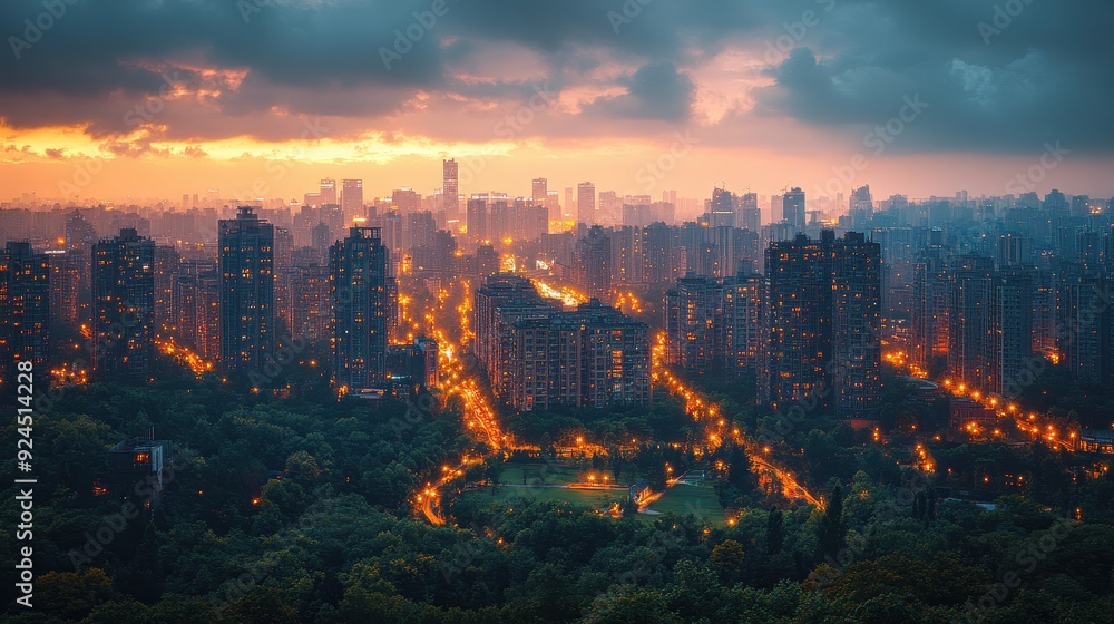 Obraz premium Cityscape at Sunset with Dramatic Clouds.