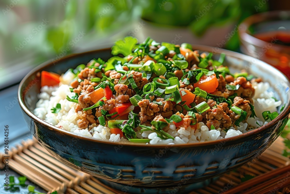 A bowl of rice topped with minced meat, vegetables, and herbs, showcasing a delicious meal. A bowl of rice topped with minced meat, vegetables, and herbs, showcasing a delicious meal.