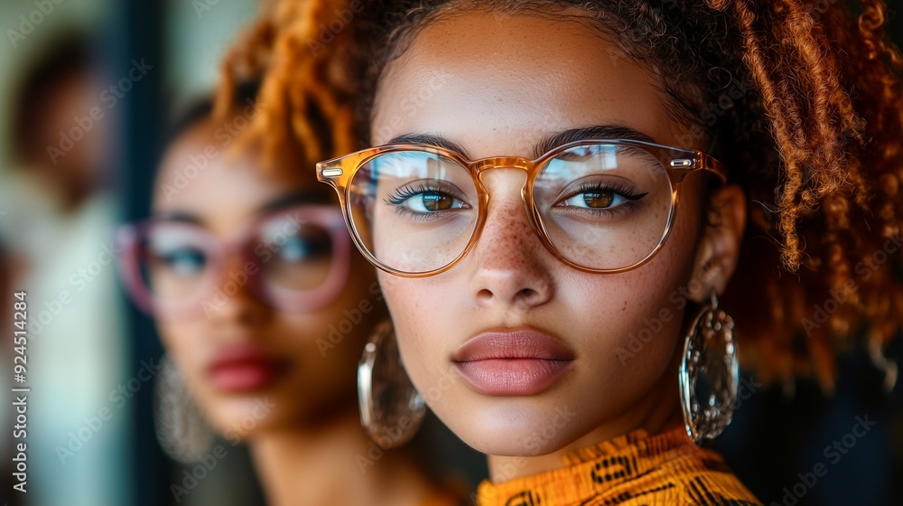 A group of young people wearing glasses, showcasing street fashion. Magazine shooting scene. A group of young people wearing glasses, showcasing street fashion. Magazine shooting scene.