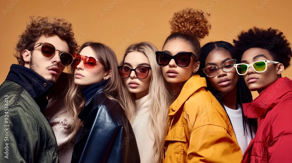 A group of young people wearing sun glasses, showcasing street fashion. Magazine shooting scene. A group of young people wearing sun glasses, showcasing street fashion. Magazine shooting scene.