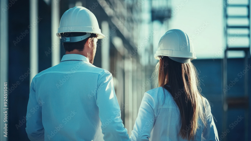 Engineer and general contractor with hard hats conducting a site walkthrough Engineer and general contractor with hard hats conducting a site walkthrough